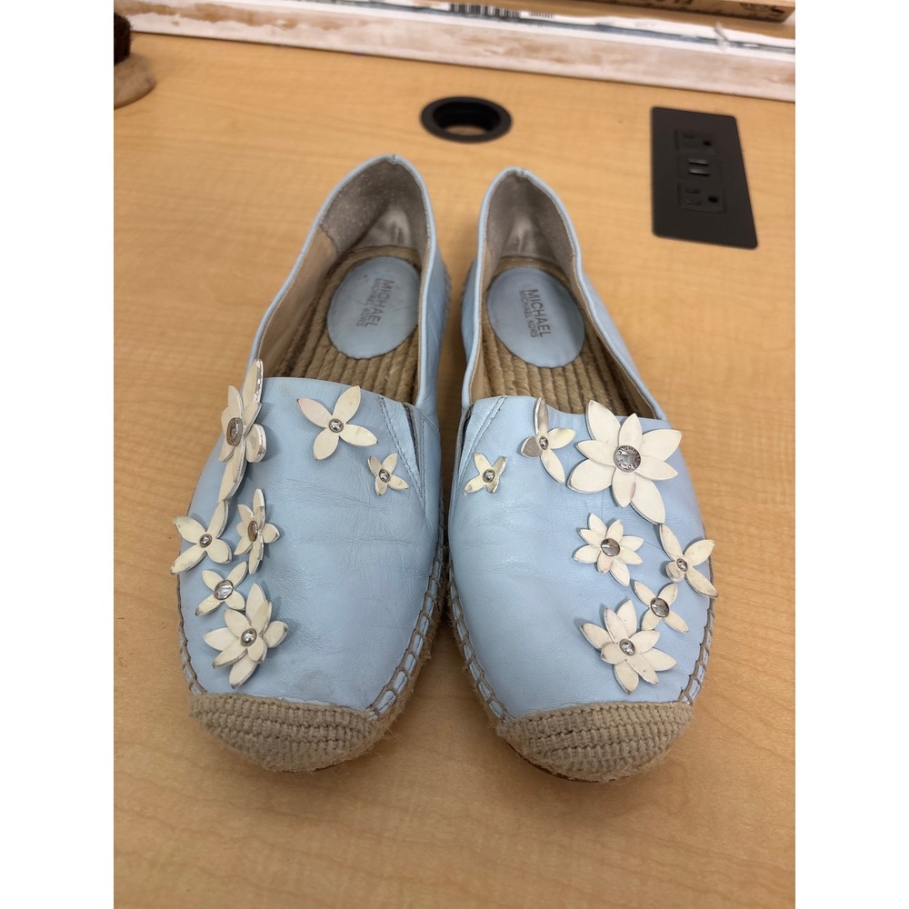 Michael Kors Light Blue Leather Floral Applique Espadrille Flats Shoes